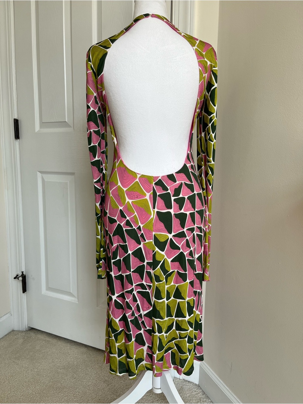 Vintage Emilio Pucci Pink Green White Long Sleeve Open Back Midi Dress 42 6 S - Picture 3 of 9